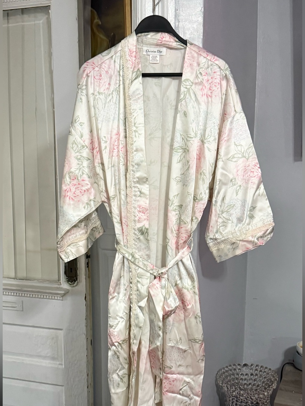 vintage Christian Dior pink and green floral print satin or silky long robe
